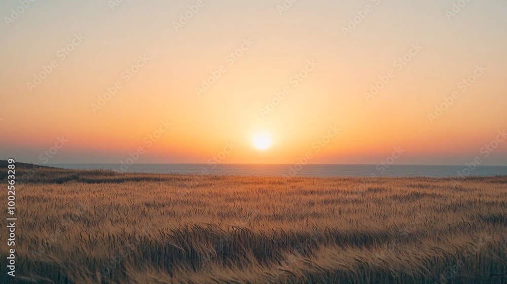 Fototapeta premium Golden wheat field with a bright orange and pink sunset in the background.