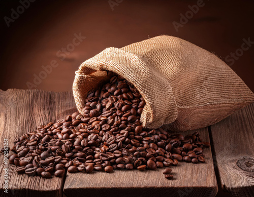 Obraz na płótnie A rustic burlap sack filled with roasted coffee beans spills onto a weathered wooden table, creating a warm and earthy visual that highlights the natural textures. w salonie