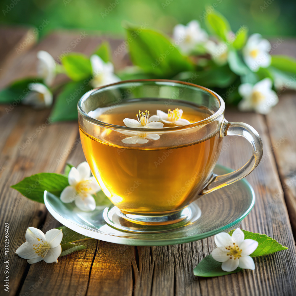 Jasmine Green Herbal Tea in a Transparent Glass Cup with Jasmine Flowers - Floral Infusion Jasmine Green Herbal Tea in a Transparent Glass Cup with Jasmine Flowers - Floral Infusion