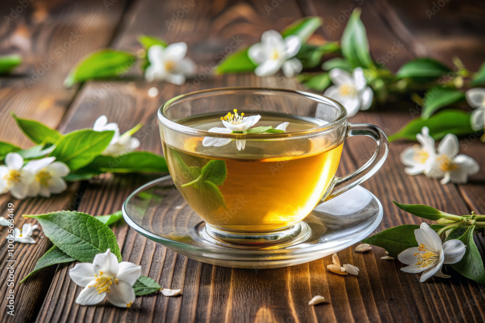 Golden Chamomile and Jasmine Herbal Tea in a Glass Cup with Fresh Blossoms Golden Chamomile and Jasmine Herbal Tea in a Glass Cup with Fresh Blossoms