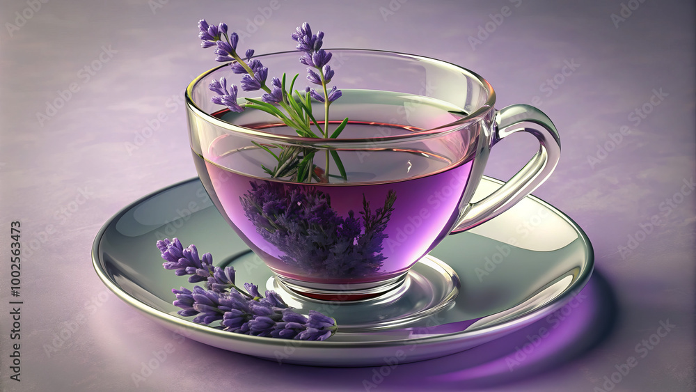 Glass Cup of Purple Lavender Herbal Tea with Fresh Sprigs - Aromatic Relaxation Beverage Glass Cup of Purple Lavender Herbal Tea with Fresh Sprigs - Aromatic Relaxation Beverage