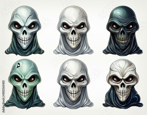 Set collection of scary ghost and skull face mask on white background