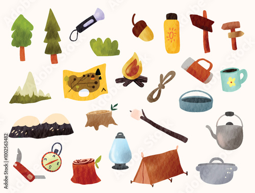 Collection of Watercolor Adventure Camping Vector Elements