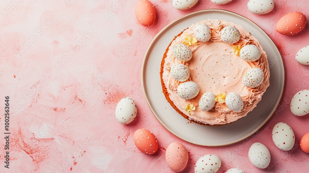 Delightful Easter Cake with Decorative Eggs and Pink Frosting Decoration Delightful Easter Cake with Decorative Eggs and Pink Frosting Decoration
