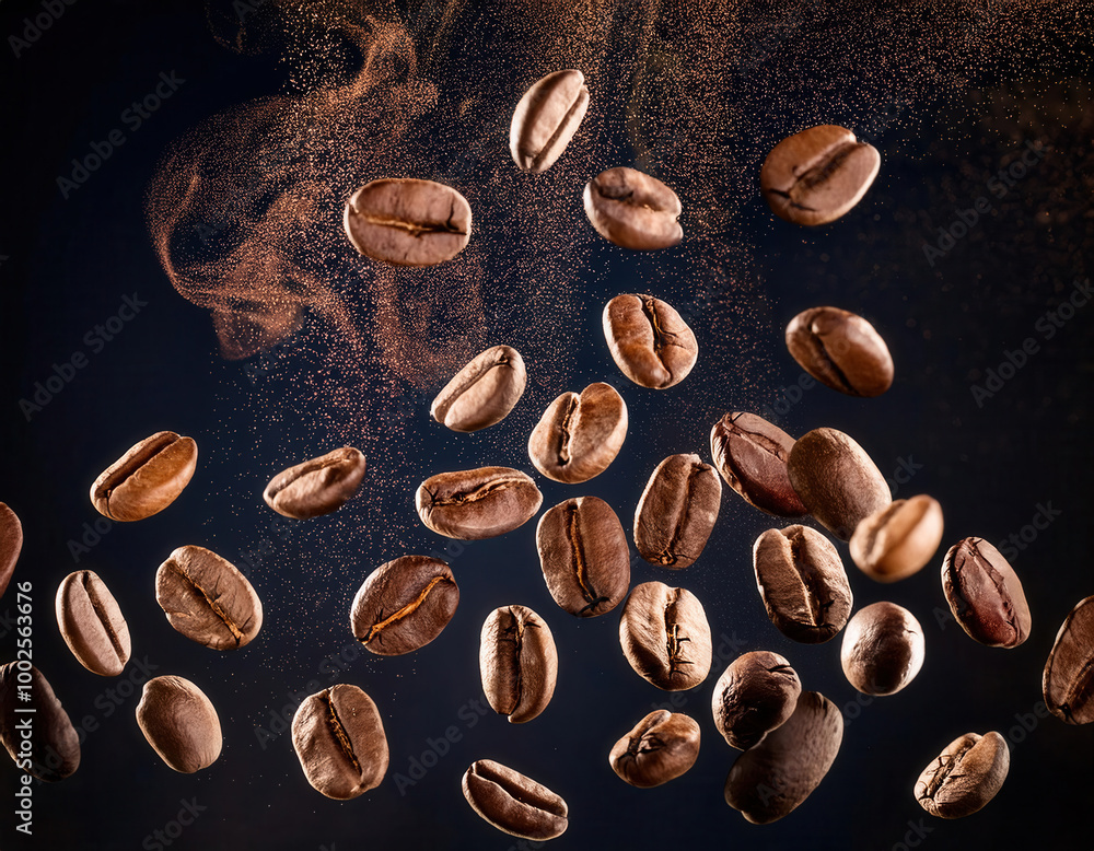 Floating coffee beans in mid-air with finely powdered coffee dust swirling in the background on a dark, contrasting backdrop.