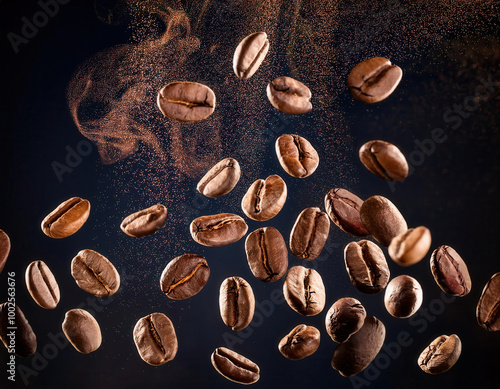 Obraz na płótnie Floating coffee beans in mid-air with finely powdered coffee dust swirling in the background on a dark, contrasting backdrop. w salonie