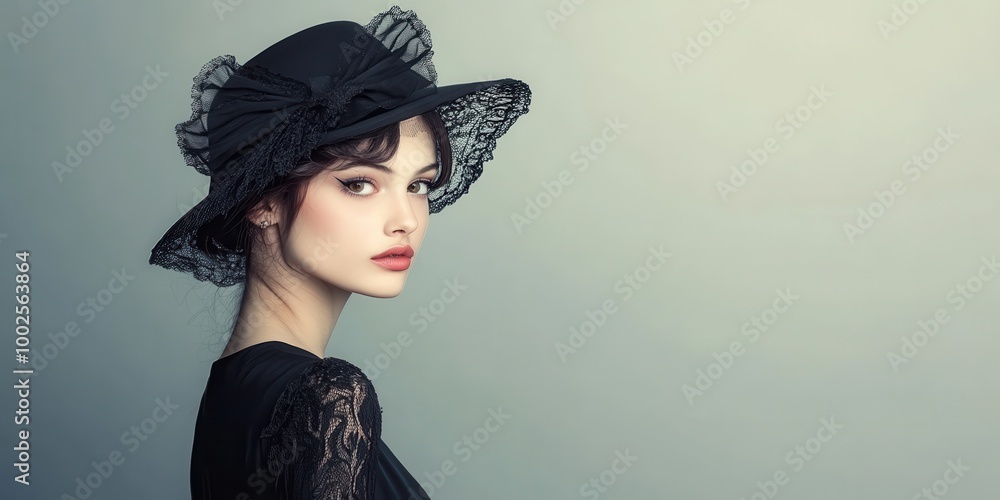 Elegant portrait of a woman in a black hat, showcasing vintage fashion ...