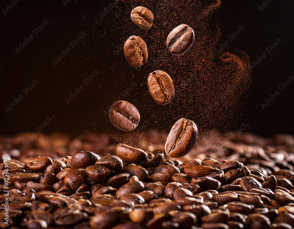 Coffee beans hovering above a surface with a rich scattering of coffee grounds in the air, creating a textured and aromatic atmosphere.