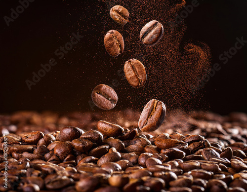 Obraz na płótnie Coffee beans hovering above a surface with a rich scattering of coffee grounds in the air, creating a textured and aromatic atmosphere. w salonie