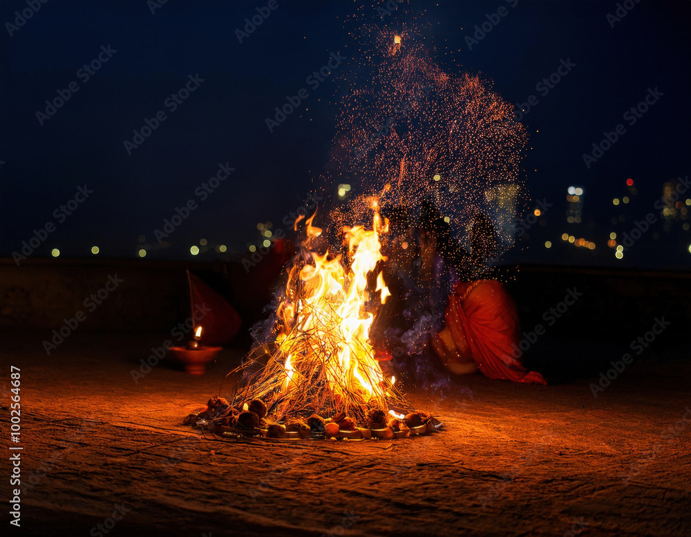 A captivating scene of a Diwali fire ritual at night with the glowing fire and city lights in the background, creating a mystical atmosphere.