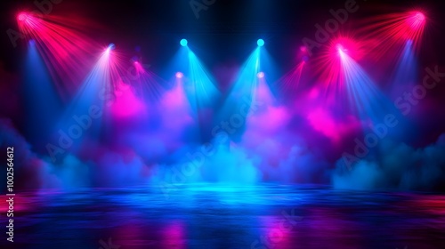 A dynamic concert stage filled with intense spotlights and vibrant light flares cutting through swirling smoke, capturing the electrifying atmosphere of a high-energy rock concert, with vivid 