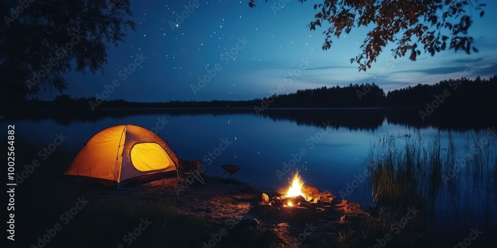 Serene night camping by a tranquil lake, featuring a glowing tent and flickering campfire under a starry sky. Serene night camping by a tranquil lake, featuring a glowing tent and flickering campfire under a starry sky.
