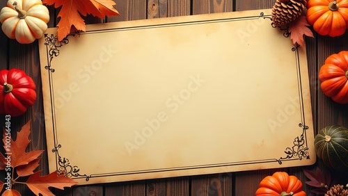 Autumn card with space for text, pumpkin, leaves, top view. Copy space concept, greeting, invitation, banner, template, inscription, letter, greeting, birthday, party, halloween,frame.