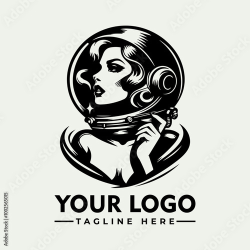 Woman wearing astronaut helmet vector logo in black and white perfect for science fiction designs, space exploration concepts, and futuristic themes