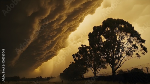 A turbulent sky filled with thick, ominous clouds rolling in, as wind-blown trees and dust emphasize the dramatic shift in the atmosphere, heralding a sudden change in weather conditions 