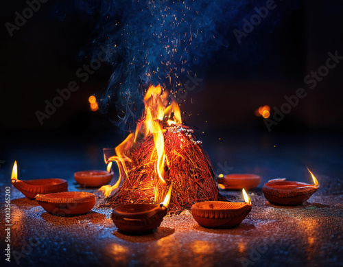 A captivating scene of a Diwali fire ritual at night with the glowing fire and city lights in the background, creating a mystical atmosphere.