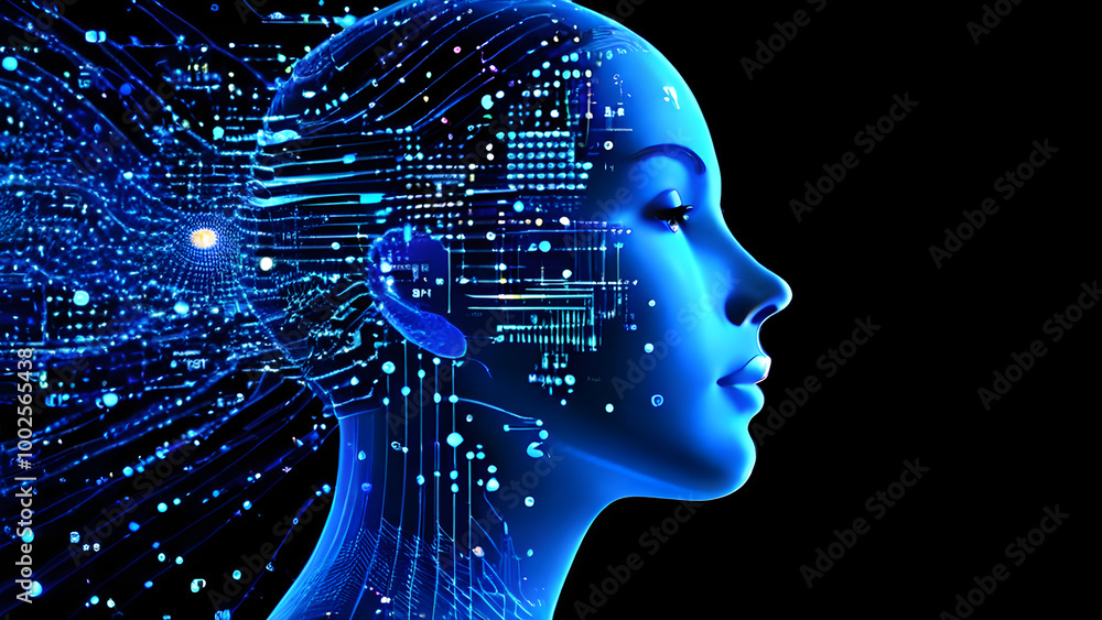Visually represent the flow of data or light in the form of a human, Add digital patterns or flows around the head to make it look like the AI is understanding human thoughts. Visually represent the flow of data or light in the form of a human, Add digital patterns or flows around the head to make it look like the AI is understanding human thoughts.
