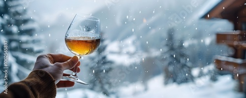 Brandy in a Snowy Mountain Lodge s Frosty Window photo