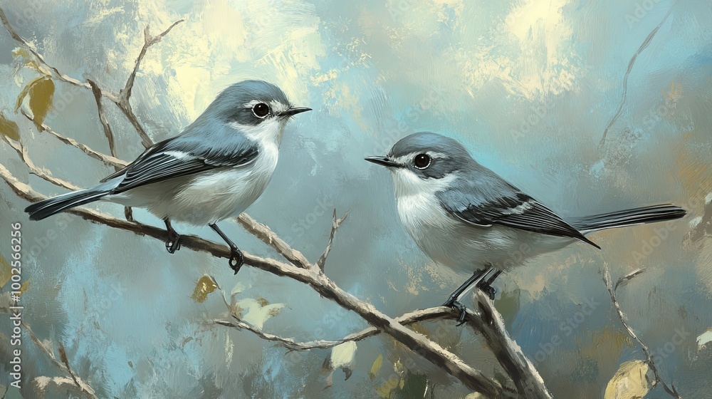Fototapeta premium Blue-gray Gnatcatchers perch gracefully on the branches of a tree, showcasing their delicate features and lively demeanor.
