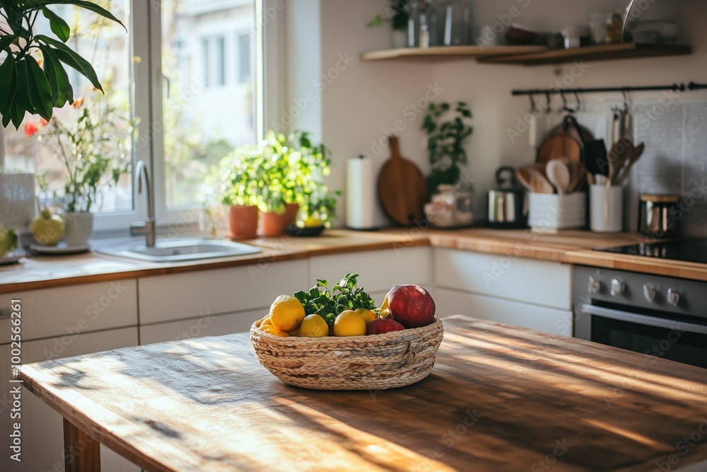 A modern kitchen with wooden shelves and a basket of fresh vegetables on the counter A modern kitchen with wooden shelves and a basket of fresh vegetables on the counter
