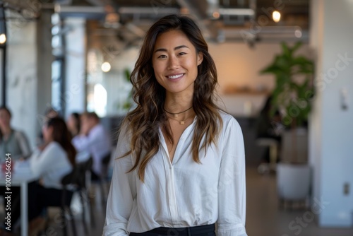 Confident Asian Businesswoman Smiling in Modern Office Environment