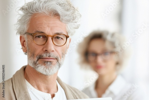 Mature Professional Man with Glasses and Elegant Style with Businesswoman in the Background