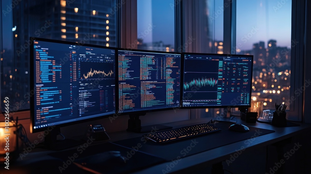 An investors desktop with multiple monitors displaying stock prices and financial news. - An investors desktop with multiple monitors displaying stock prices and financial news. -
