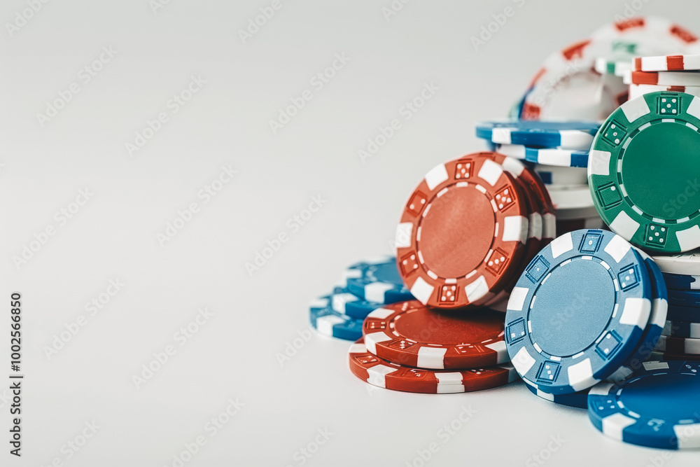 Colorful Casino Poker Chips Stacked on Bright Surface Colorful Casino Poker Chips Stacked on Bright Surface