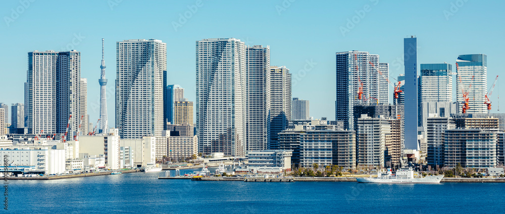 Fototapeta premium 東京の埋立地の都市景観・タワーマンションとビルの風景_横長(全景)