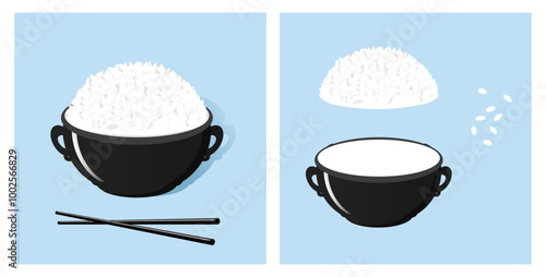 Rice bowl with chopsticks and rice seed on blue backgrounds vector.