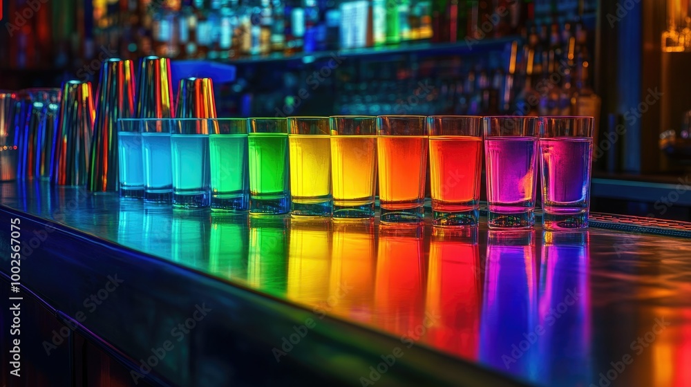Vibrant Rainbow Colored Shots on Bar Counter Vibrant Rainbow Colored Shots on Bar Counter
