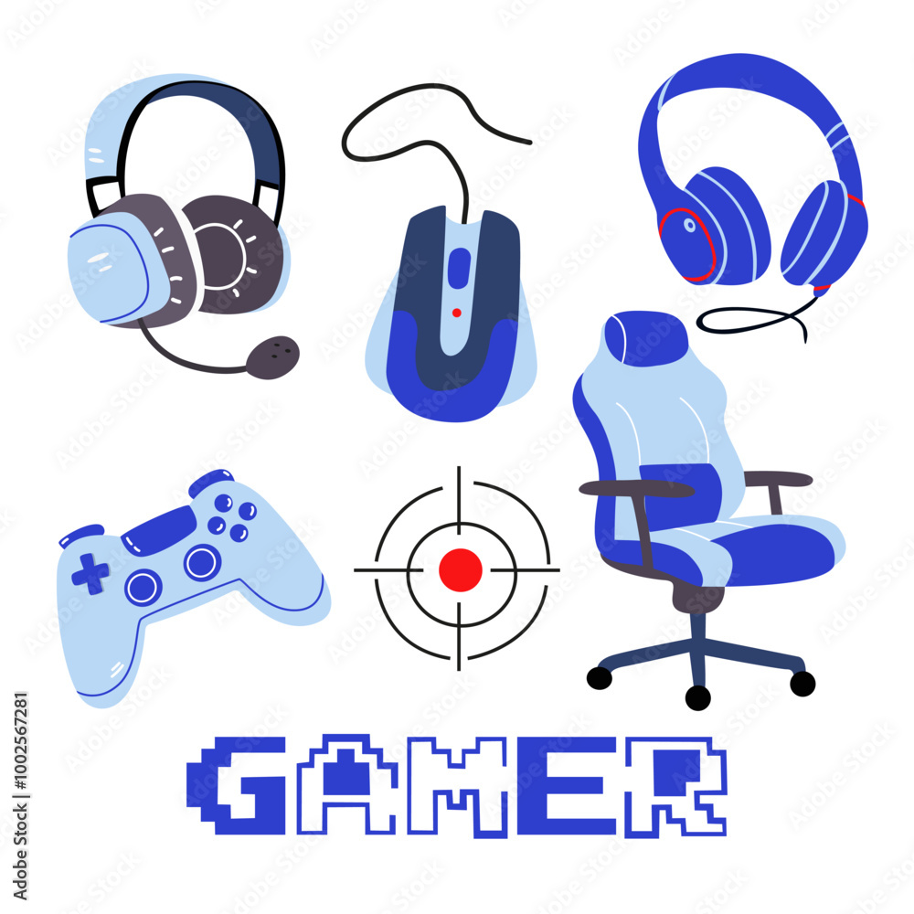 Game streamer vector elements. Concept cyberspace technology. Flat retro design vector illustration concept of game environment, tools and essentials. Video games blue and pink stickers set Game streamer vector elements. Concept cyberspace technology. Flat retro design vector illustration concept of game environment, tools and essentials. Video games blue and pink stickers set