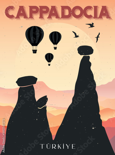 Turkey, Cappadocia. Design for poster, banner, postcard, tourism, travel.