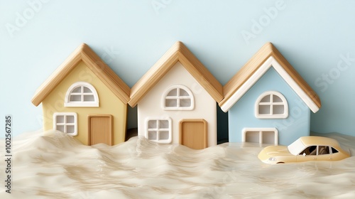 Three toy houses and a car partially submerged in floodwaters, symbolizing flooding photo