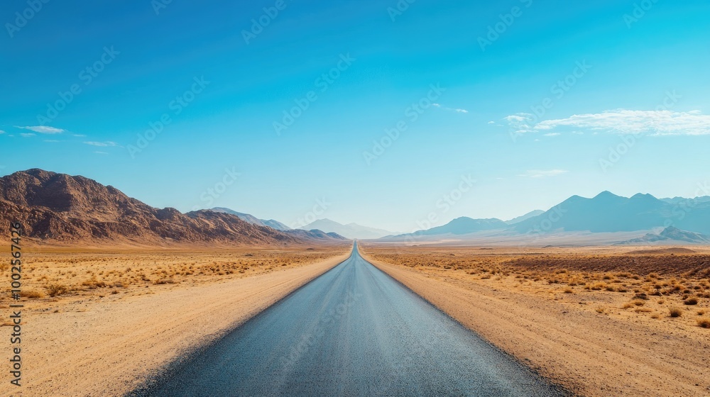 Stretching Road in Desert Under Clear Blue Sky Stretching Road in Desert Under Clear Blue Sky