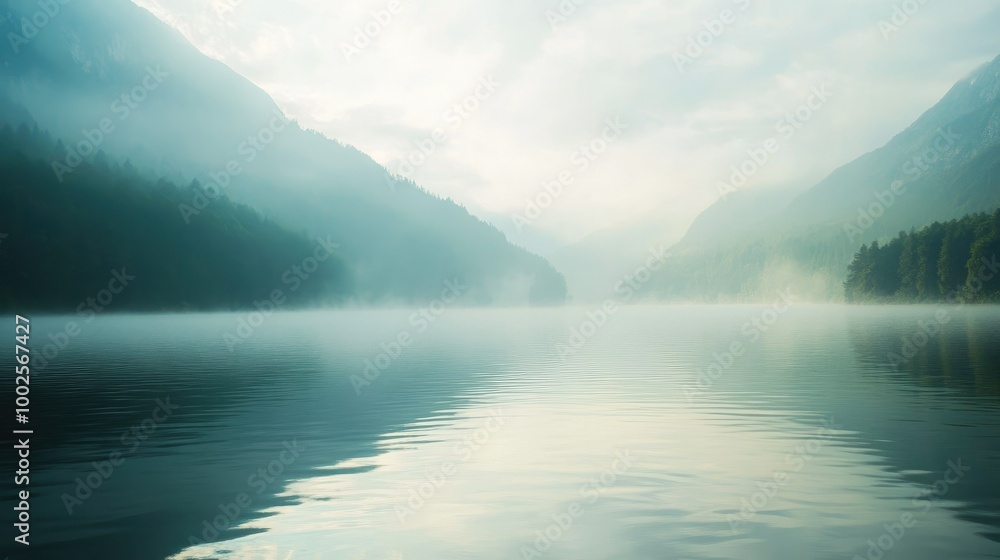Misty Lake in Mountainous Landscape at Dawn Misty Lake in Mountainous Landscape at Dawn