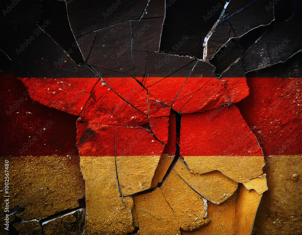 A cracked German flag painted on a crumbling surface, symbolizing fragmentation or decay, representing a sense of turmoil or political instability.