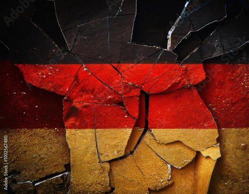 Obraz na płótnie A cracked German flag painted on a crumbling surface, symbolizing fragmentation or decay, representing a sense of turmoil or political instability. w salonie
