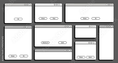 Retro empty pixel computer screens, set of vintage opened pc windows, user interface in monochrome. Vector illustration.