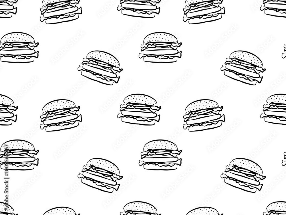 Seamless Pattern Burger Monochrome. Line Doodle Art Black White Hamburger. Burger Pattern Packaging. Repeat American Hamburger Illustration. Endless Beef cheese Burger illustration Seamless Pattern Burger Monochrome. Line Doodle Art Black White Hamburger. Burger Pattern Packaging. Repeat American Hamburger Illustration. Endless Beef cheese Burger illustration