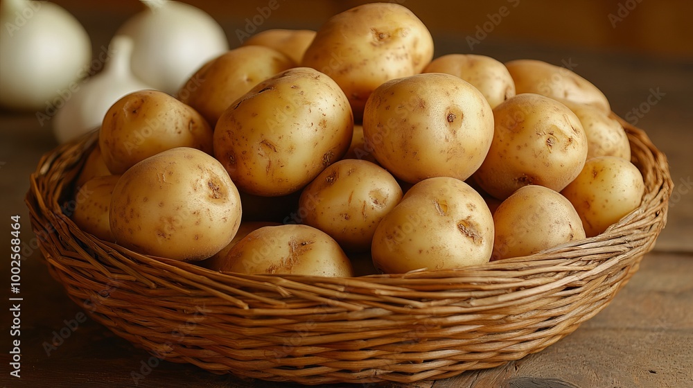 A rustic wattled basket brims with fresh raw potatoes and onions, showcasing their earthy tones and natural textures. A rustic wattled basket brims with fresh raw potatoes and onions, showcasing their earthy tones and natural textures.