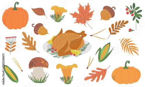 Set of vector beautiful symbols for happy thanksgiving day celebration pumpkins, roast turkey, autumn falling leaves, chanterelle, porcini mushrooms, corn and cranberry. Hand drawn flat designs, icons