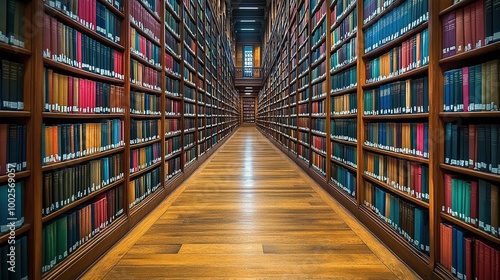 bookshelves in a public library lining a long aisle, filled with colorful volumes of various sizes, providing an organized and quiet space for reading, study, and research