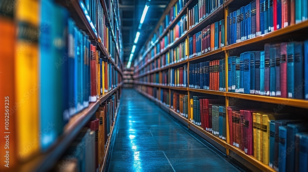 bookshelves in a public library lining a long aisle, filled with colorful volumes of various sizes, providing an organized and quiet space for reading, study, and research bookshelves in a public library lining a long aisle, filled with colorful volumes of various sizes, providing an organized and quiet space for reading, study, and research