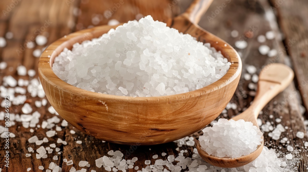 Wooden bowl and spoon filled with coarse sea salt on a rustic wooden table, emphasizing natural flavor for culinary use. Wooden bowl and spoon filled with coarse sea salt on a rustic wooden table, emphasizing natural flavor for culinary use.