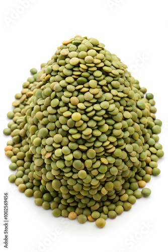 Pile of green lentils isolated on white background