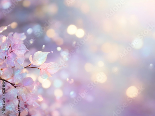 A delicate twig with mother-of-pearl petals on a blurred background in the form of side highlights