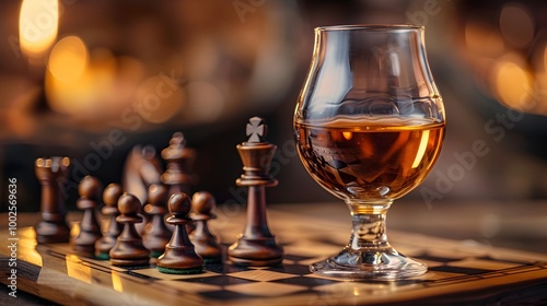 A Glass of Brandy Beside an Intense Chess Game on a Chessboard