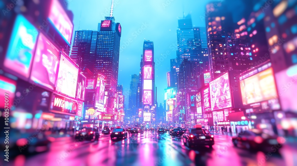 Obraz premium A vibrant cityscape showcasing neon lights and reflections on wet streets, creating a captivating night atmosphere.