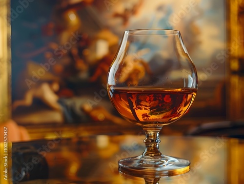 A Snifter of Brandy with the Reflection of a Classic Painting Adding an Touch to the Scene